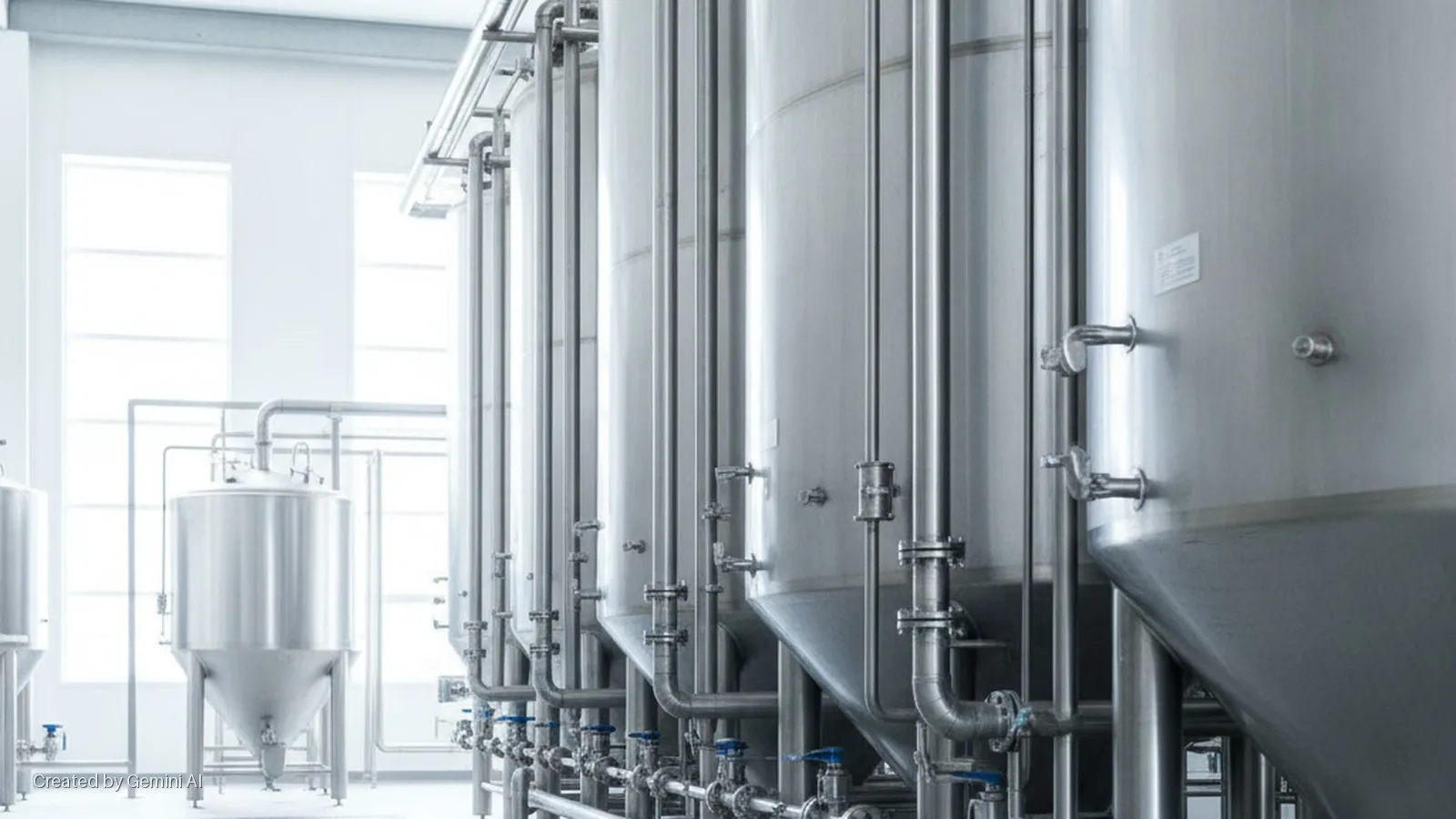 A brightly lit industrial facility features multiple rows of tall, stainless steel fermentation tanks connected by an intricate system of pipes and blue-handled valves, with large windows in the background.