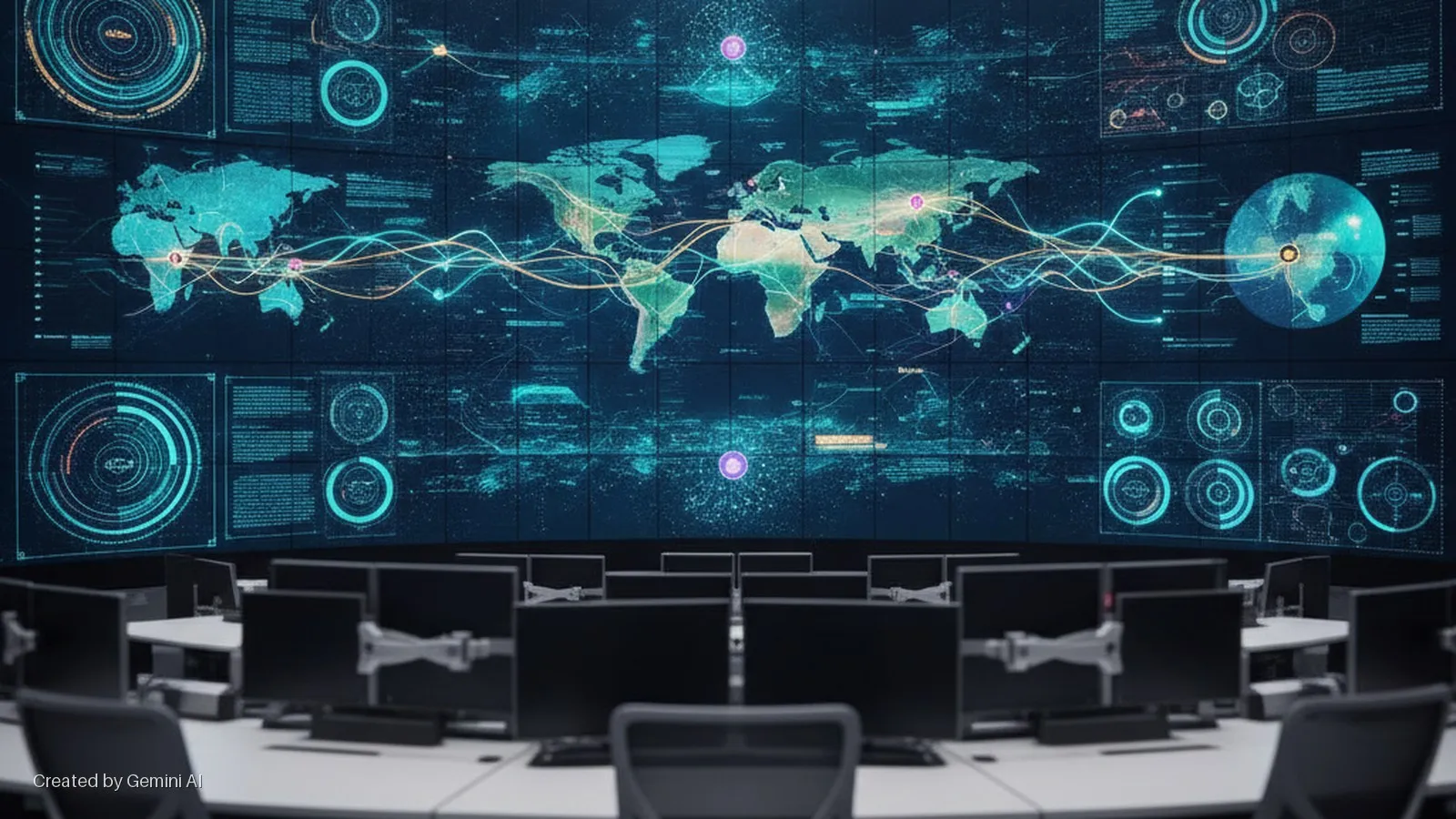 A dark control room features a large, glowing blue and green multi-screen display wall showing a world map with data flows and complex visualizations, overlooking rows of computer monitors and office chairs.