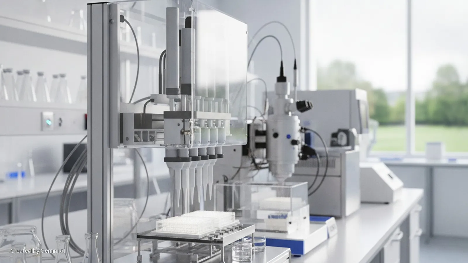 A brightly lit modern laboratory features an automated liquid handler pipetting into microplates, surrounded by various scientific instruments, glassware, and white lab benches, with green trees visible outside large windows.