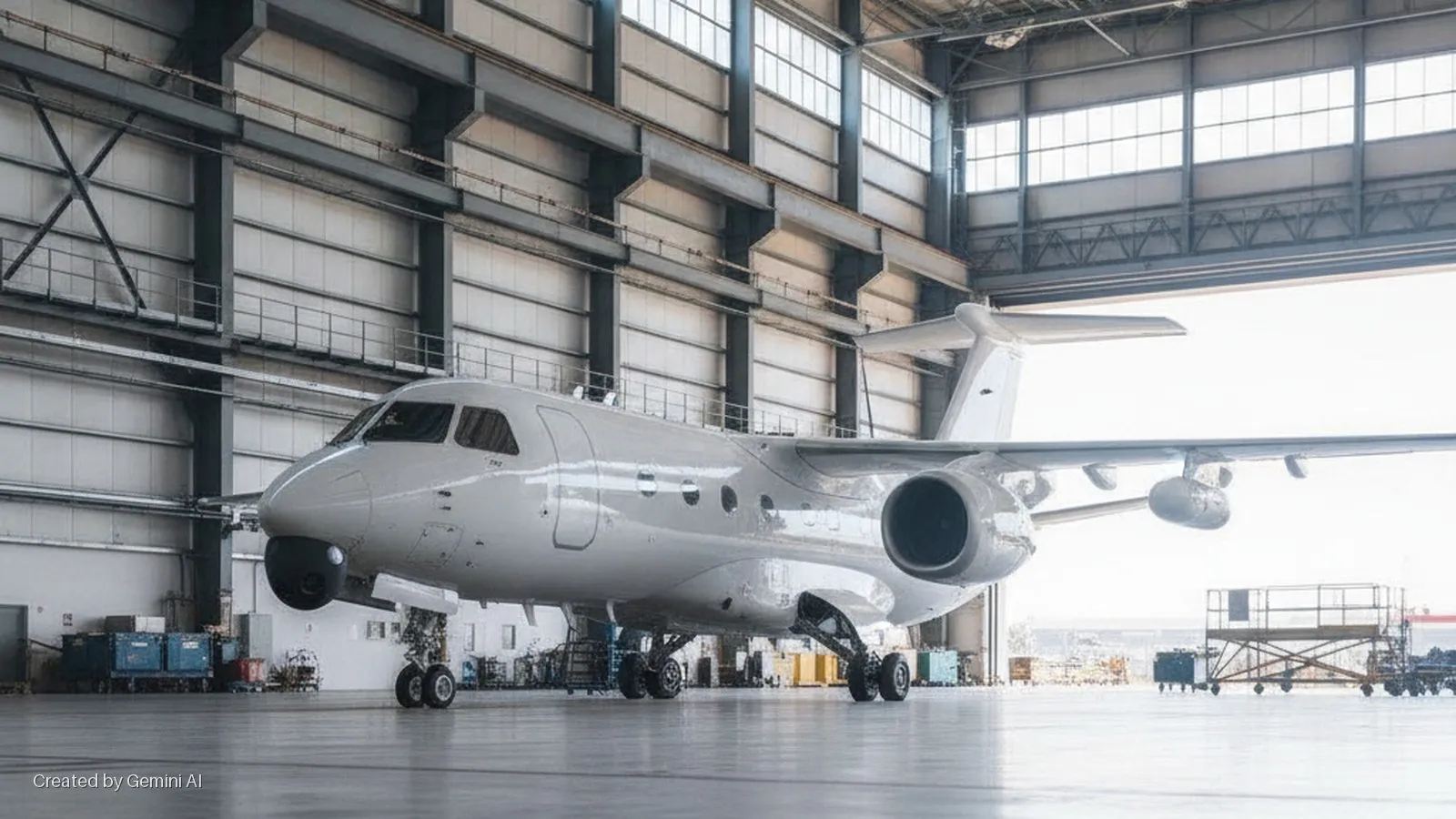A white business jet is parked inside a brightly lit aircraft hangar, featuring large windows, steel structural beams, and various ground equipment.