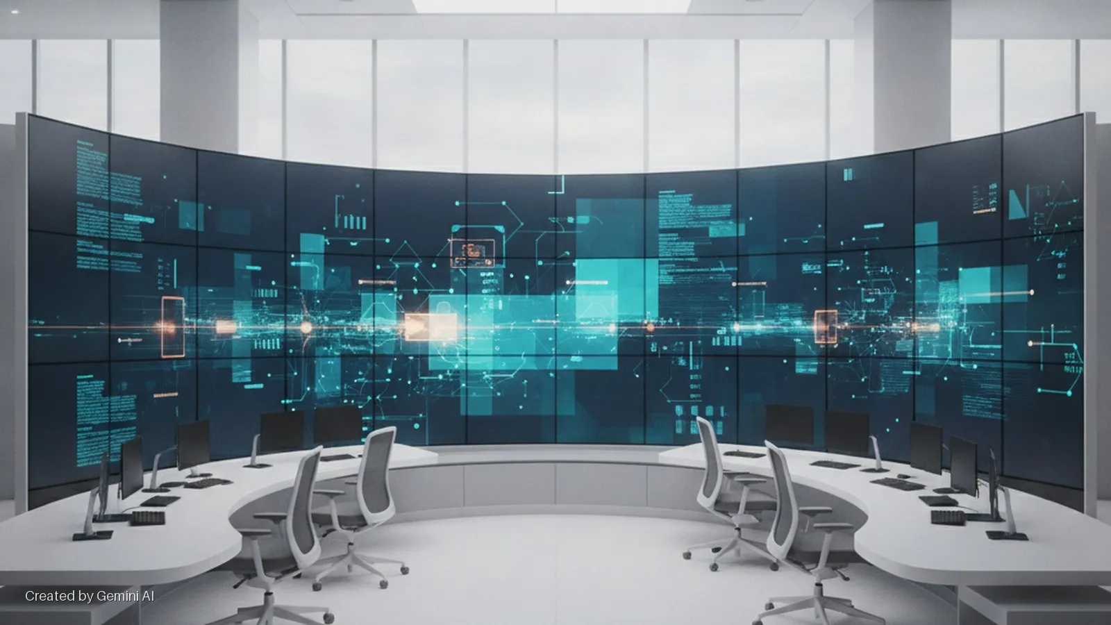 A modern control room features a large, curved video wall displaying abstract digital data graphics, with two crescent-shaped white desks, multiple computer monitors, and office chairs arranged in front, under bright ambient lighting.