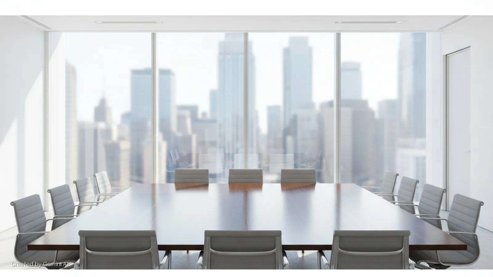 A bright, modern conference room features a long wooden table surrounded by grey office chairs, with a blurred city skyline visible through a large window.
