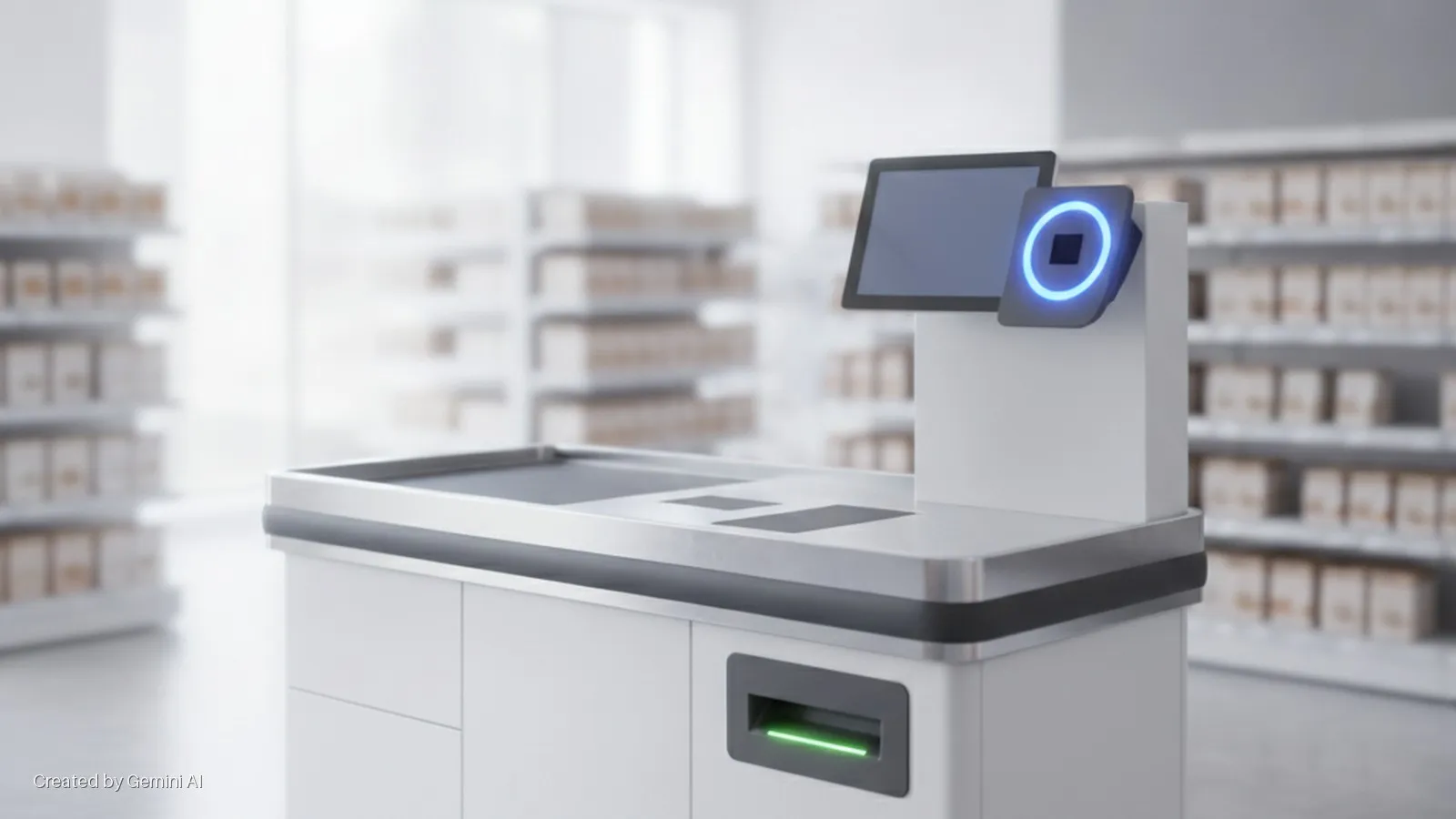 A brightly lit retail store features a modern self-checkout machine with a display screen, a glowing blue scanner, and a green-lit receipt slot, set against a blurred background of product-filled shelves.