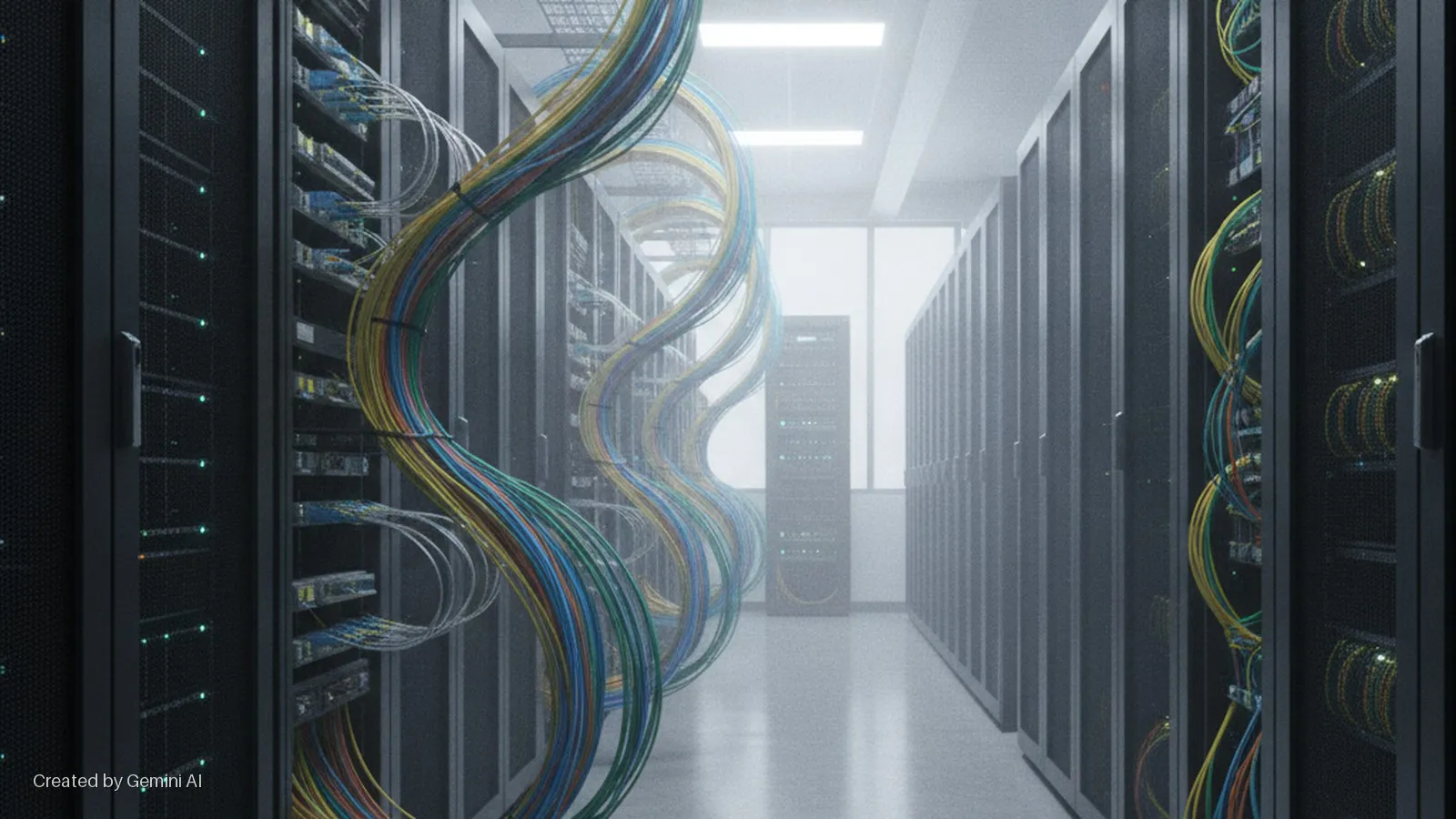 Rows of black server racks with glowing green lights line a data center aisle, featuring prominent spiraling bundles of yellow, blue, green, and red cables under bright ceiling lights.