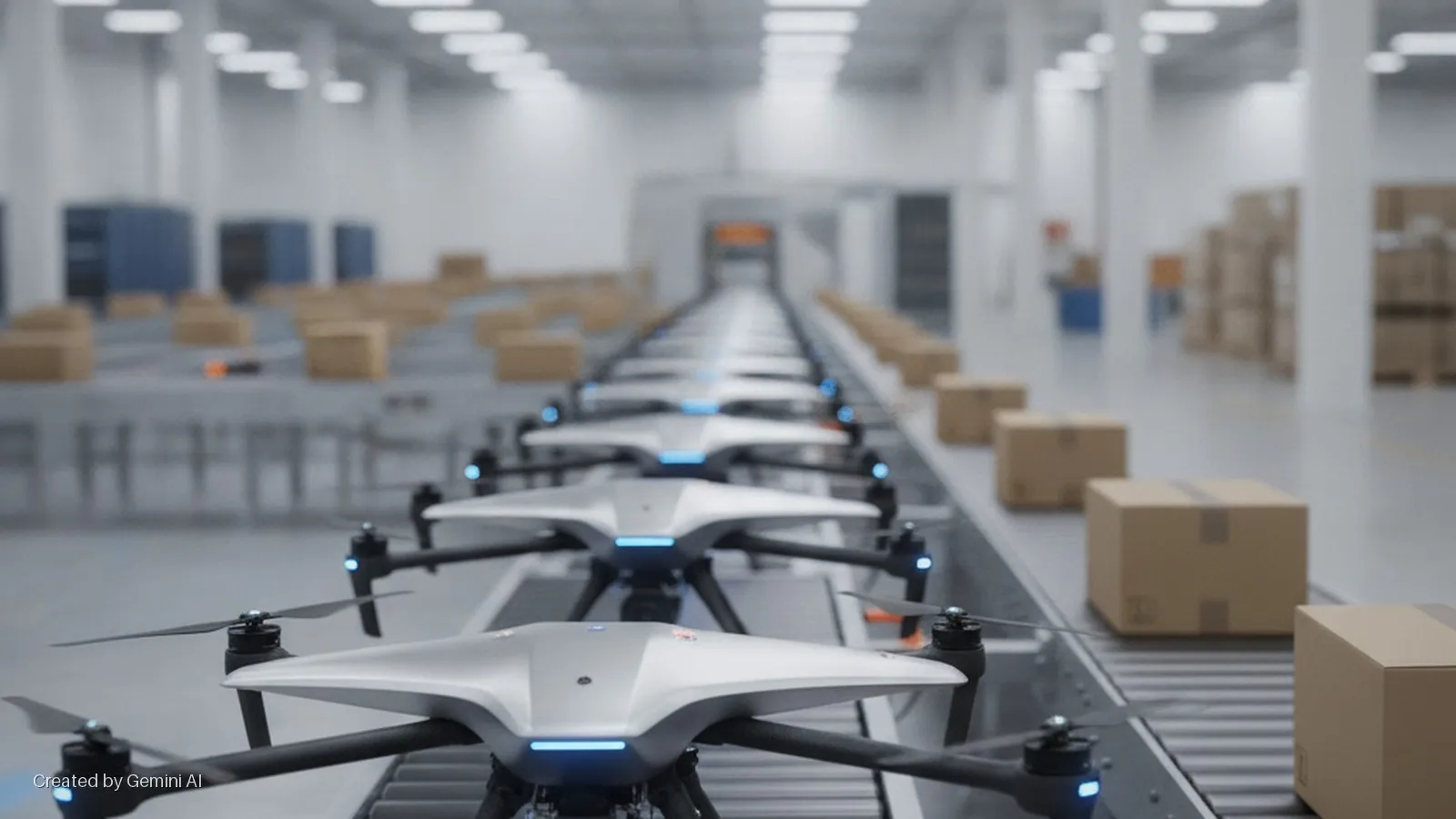A long line of white drones with glowing blue lights sits on a conveyor belt in a brightly lit industrial warehouse, with cardboard boxes moving on an adjacent conveyor.