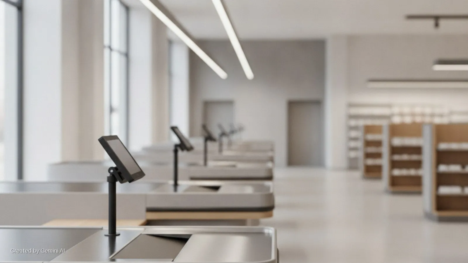 A brightly lit, modern self-checkout area features a row of kiosks with display screens, illuminated by natural light from large windows and linear ceiling fixtures, with empty shelves visible in the blurred background.