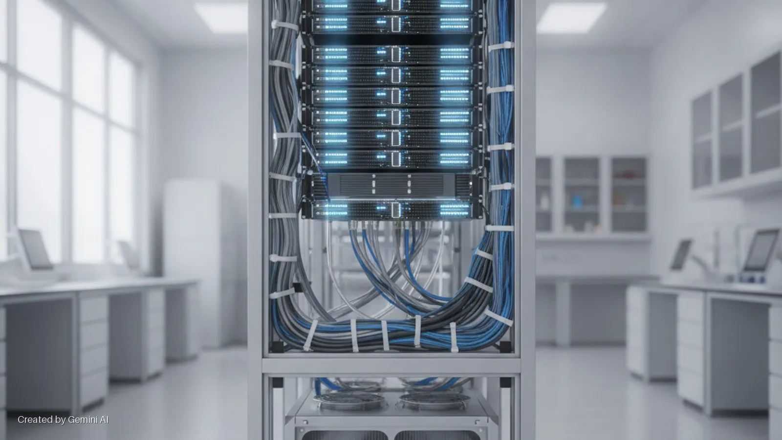 A server rack with multiple units displaying blue glowing lights and neatly tied cables stands in a brightly lit, modern laboratory furnished with desks, monitors, windows, and wall cabinets.