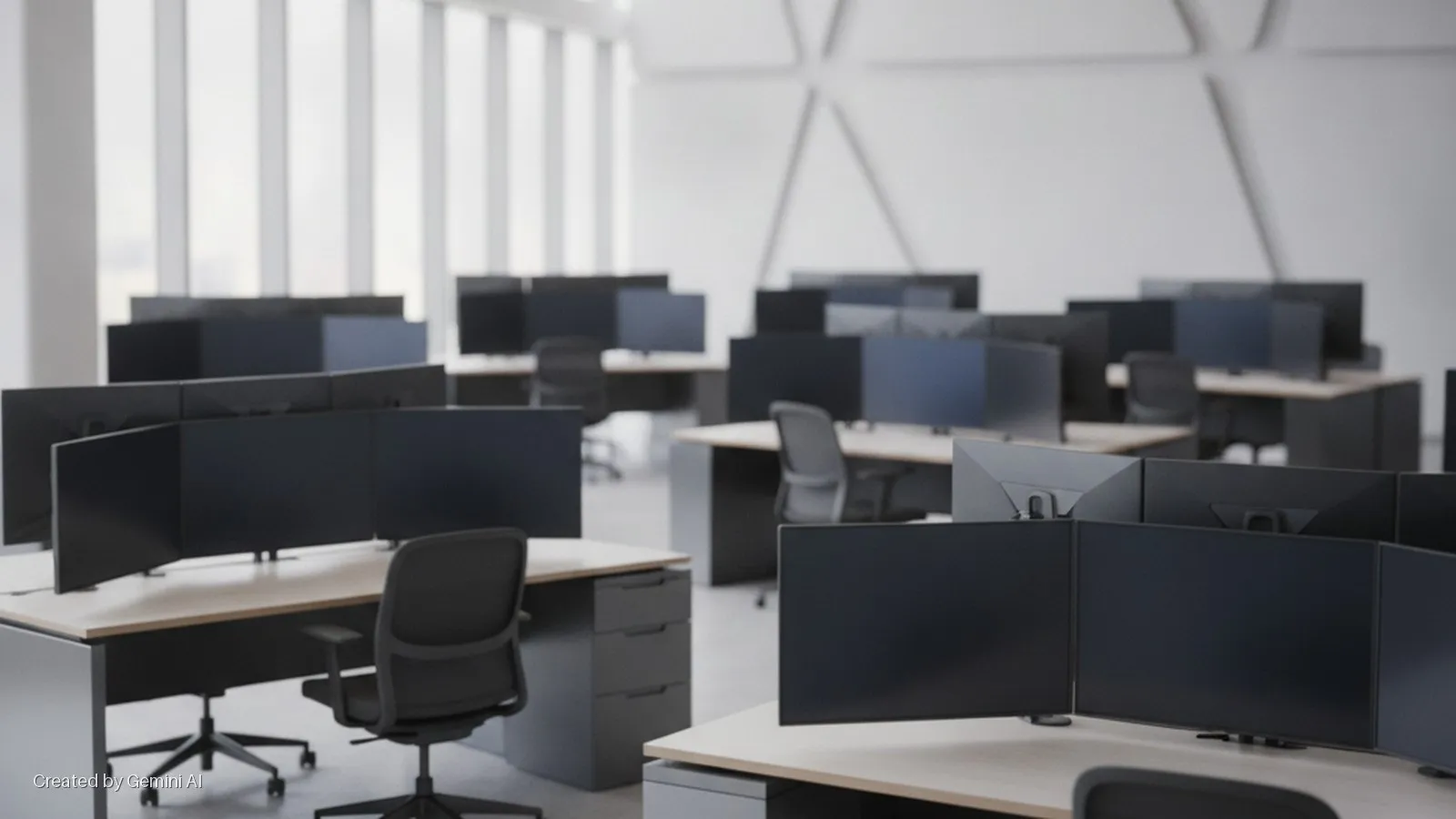 A bright, modern office features rows of empty workstations with light wood desks, ergonomic chairs, and multiple computer monitors, lit by natural light from large windows.