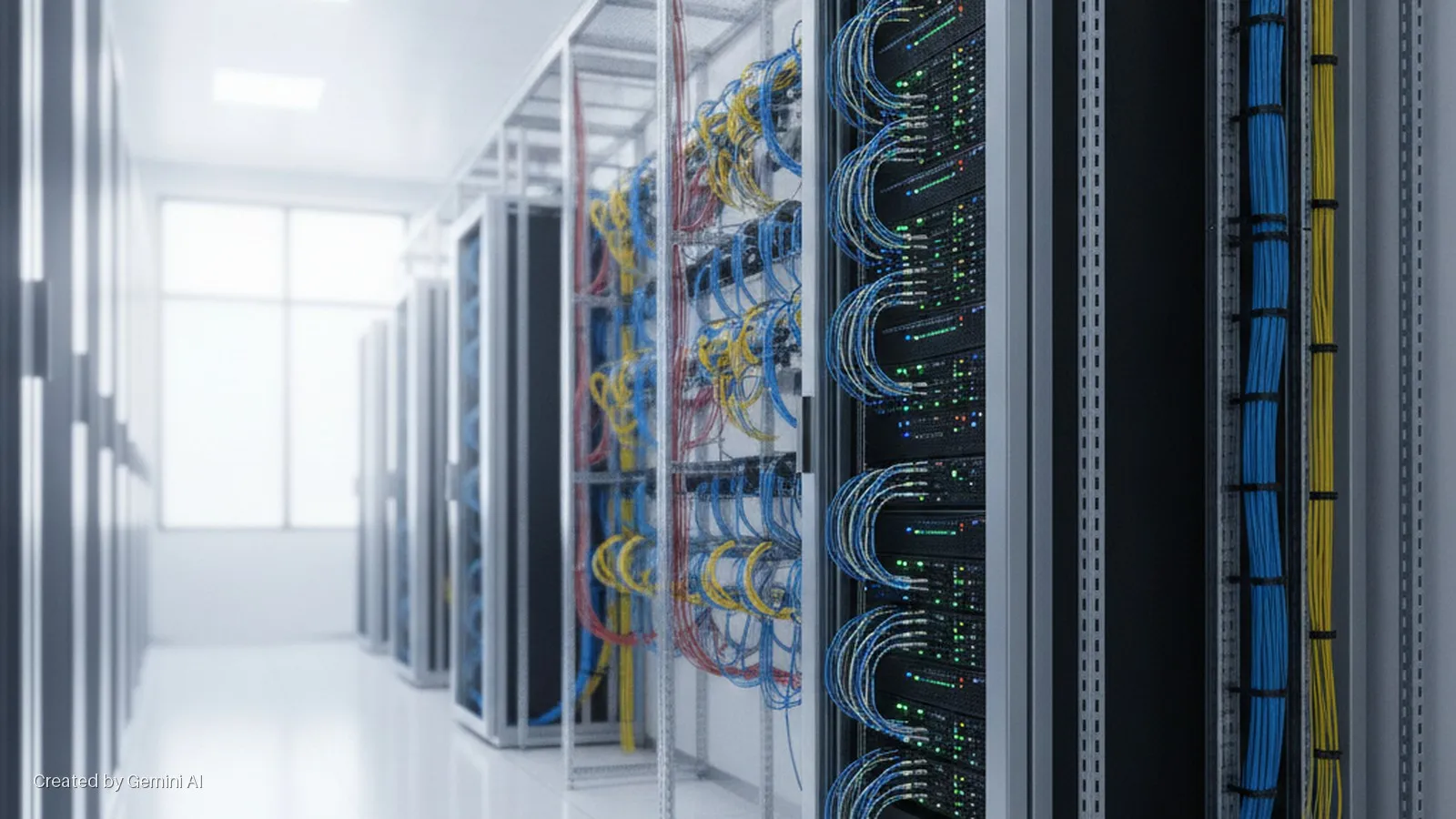 A brightly lit data center corridor features rows of server racks with neatly organized blue, yellow, and red network cables, illuminated green server lights, and a window at the far end.