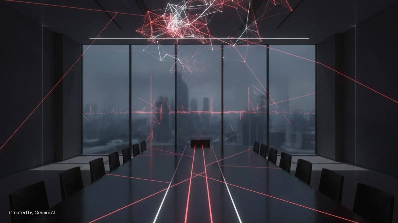 A dark, modern conference room with a long table, chairs, and large windows overlooking a city skyline at dusk, is illuminated by an intricate network of glowing red and white lines that extend across the ceiling, walls, and table.