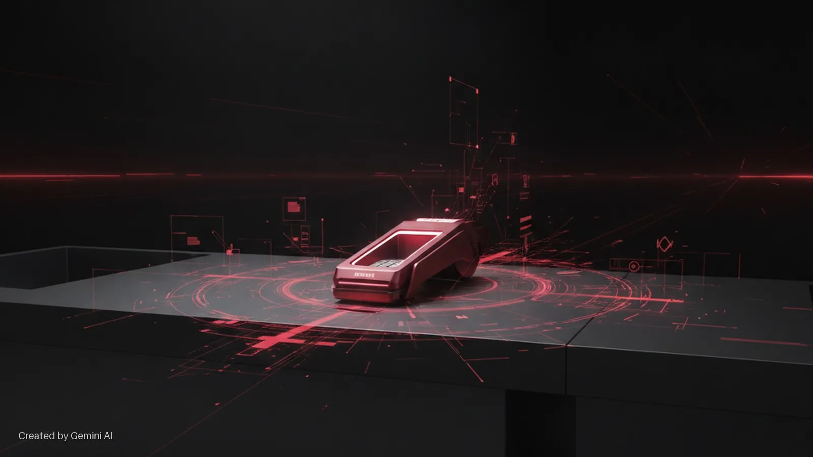 A sleek, red, futuristic payment terminal rests on a dark reflective surface, surrounded by glowing red technological data lines and interfaces in a dimly lit, high-tech environment.
