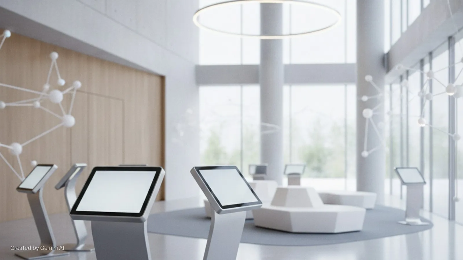 A brightly lit modern lobby features several interactive kiosks, molecular-inspired wall art, modular white seating, a circular overhead light, and large windows.