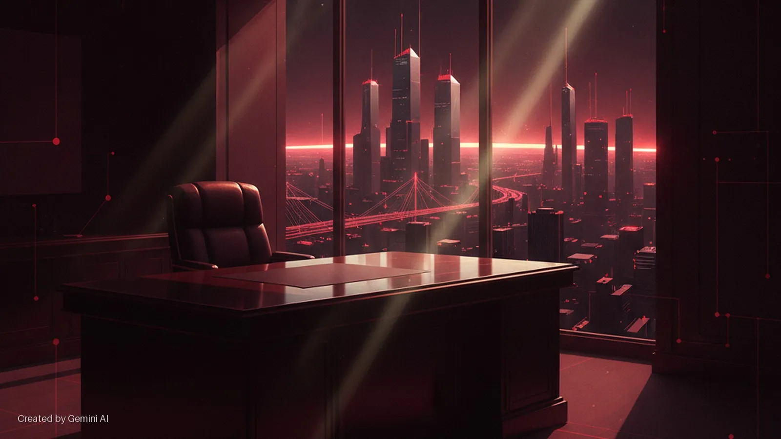 A modern executive office features a dark desk and a leather chair facing a panoramic window overlooking a sprawling city skyline with tall buildings and bridges, illuminated by a red-hued sky and diagonal shafts of light.