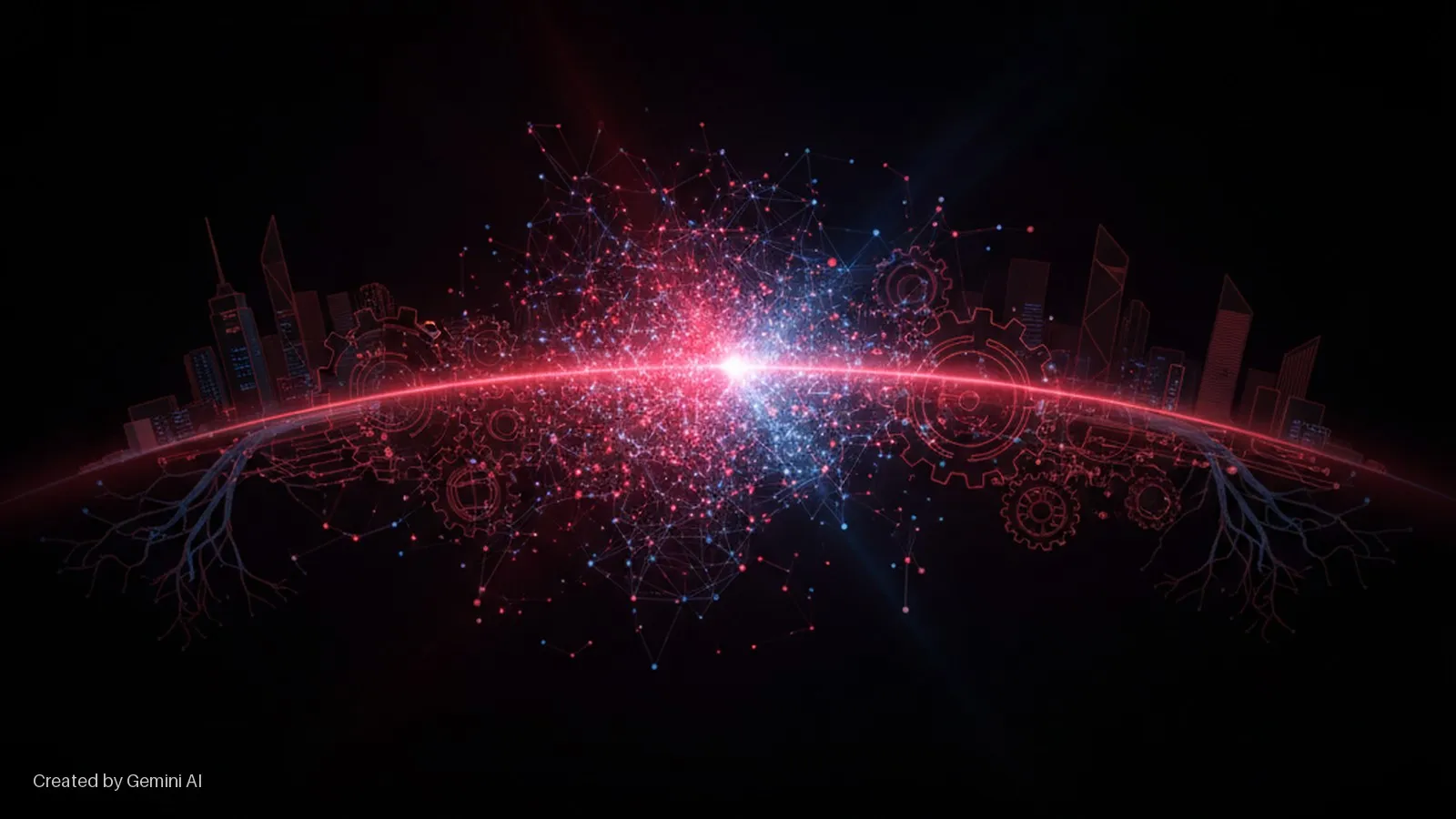 A glowing red and blue network of interconnected dots and lines emanates from a bright central light, framed by an arcing red beam that connects stylized red outlines of city skylines, gears, and root-like structures on a dark background.