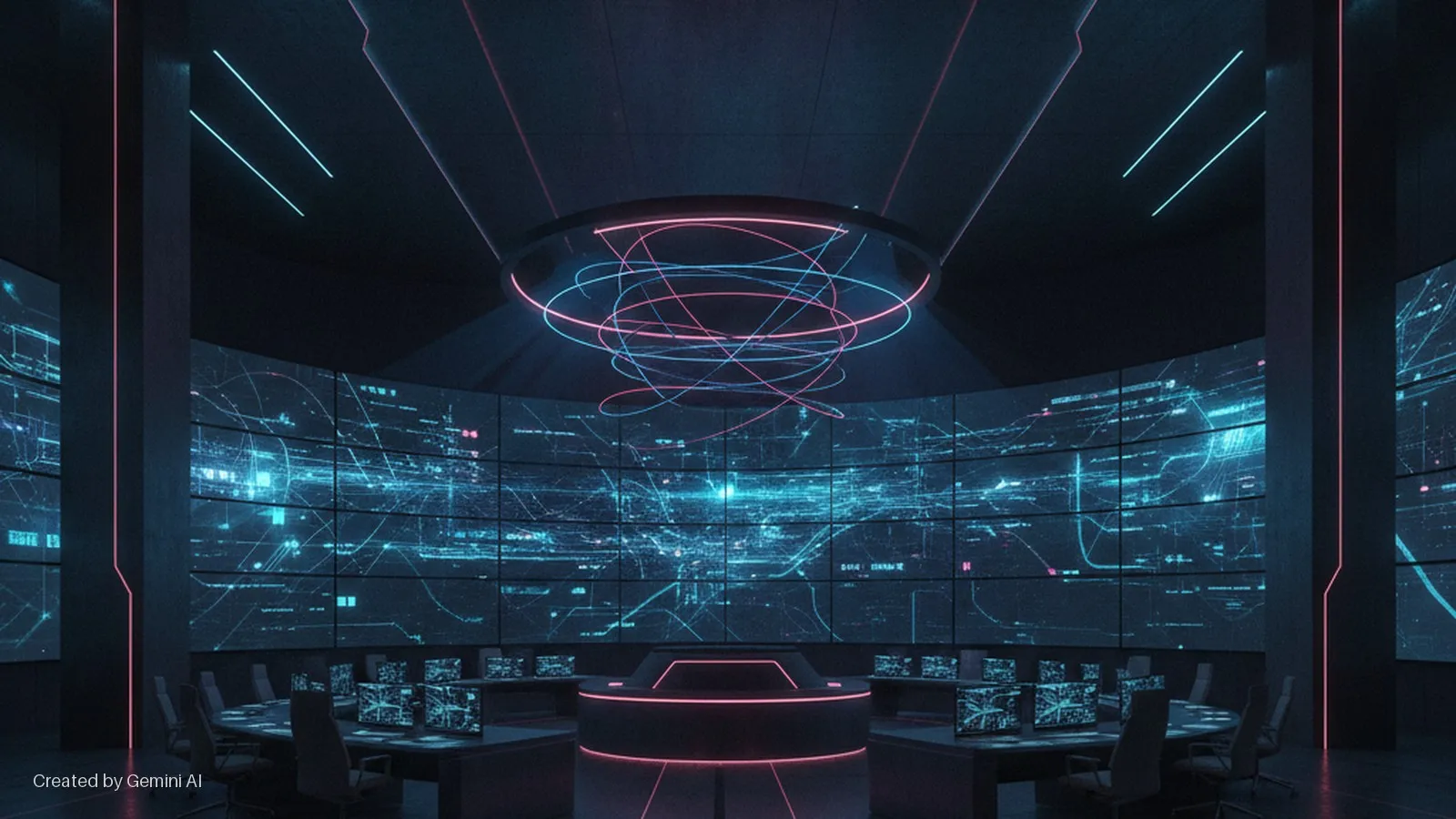 A dark, high-tech command center features a large curved multi-screen display wall showing blue digital data, a central circular control panel, and surrounding workstations with monitors, all accented by glowing pink and blue neon lights.