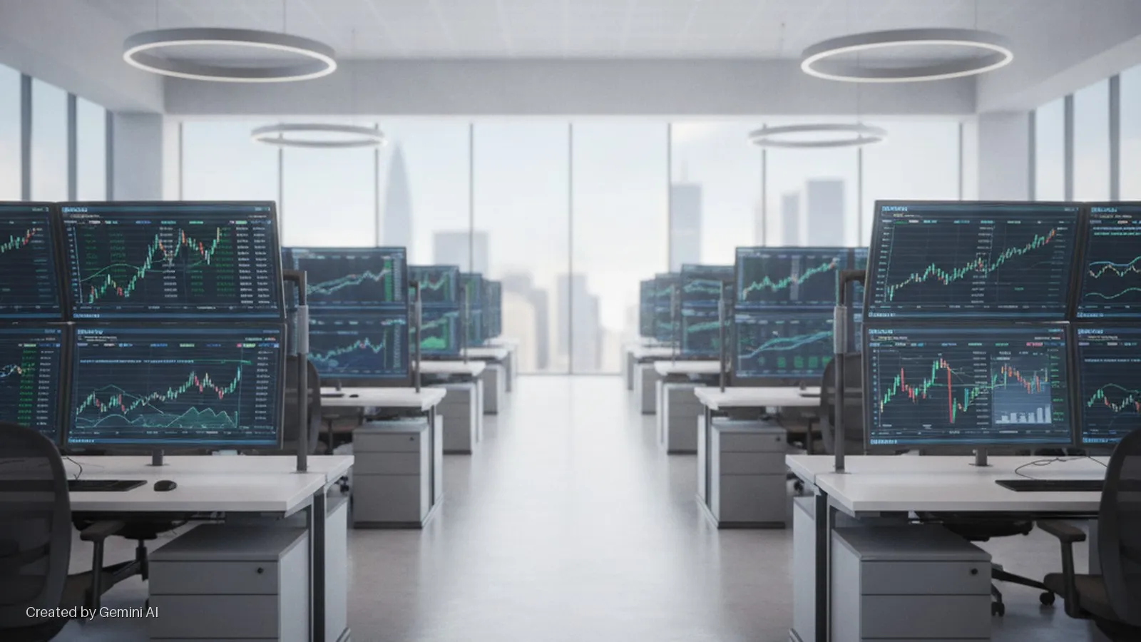 A modern office features two rows of multi-monitor workstations displaying financial charts, with office chairs and filing cabinets, illuminated by large windows revealing a blurred city skyline and overhead circular lights.