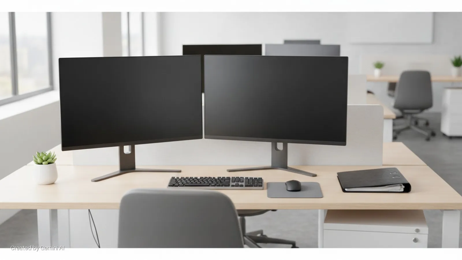 A bright modern office cubicle features a light wooden desk with two black computer monitors, a keyboard, mouse, small succulent plant, and a black binder, with more workstations visible in the background.