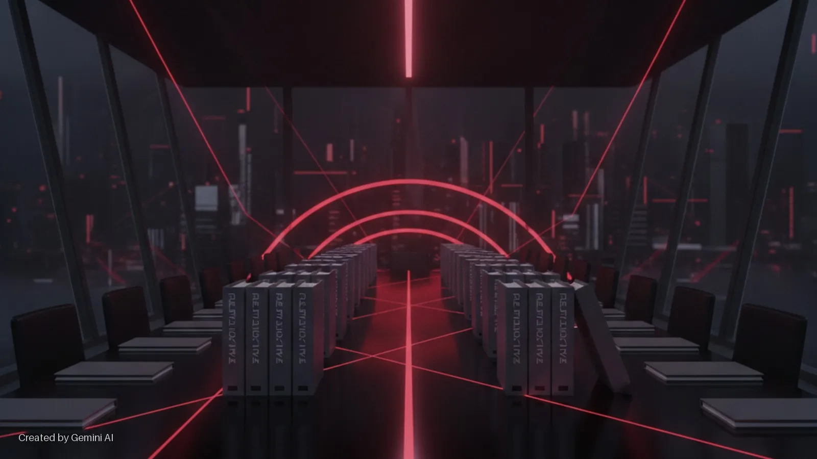 A dark, modern conference room with a long table, chairs, and two rows of gray binders labeled "RESTRICTIVE", intricately lit by red laser lines and glowing arcs, overlooking a city at night through large windows.