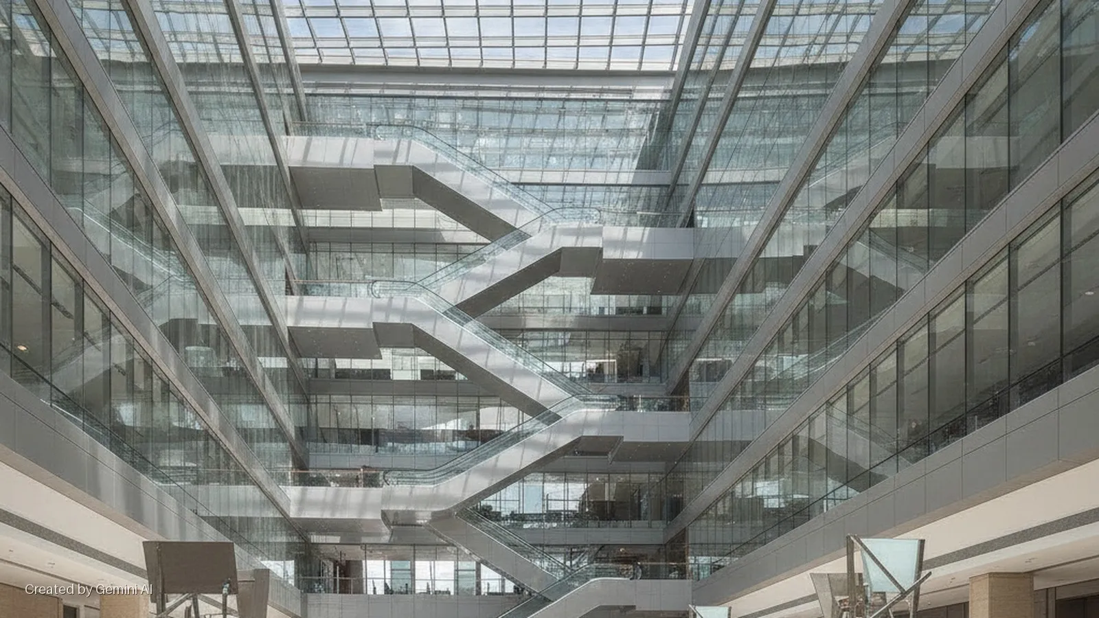 A modern building atrium features multiple escalators connecting several floors, extensive glass walls with metal framing, and is brightly lit by a large skylight.