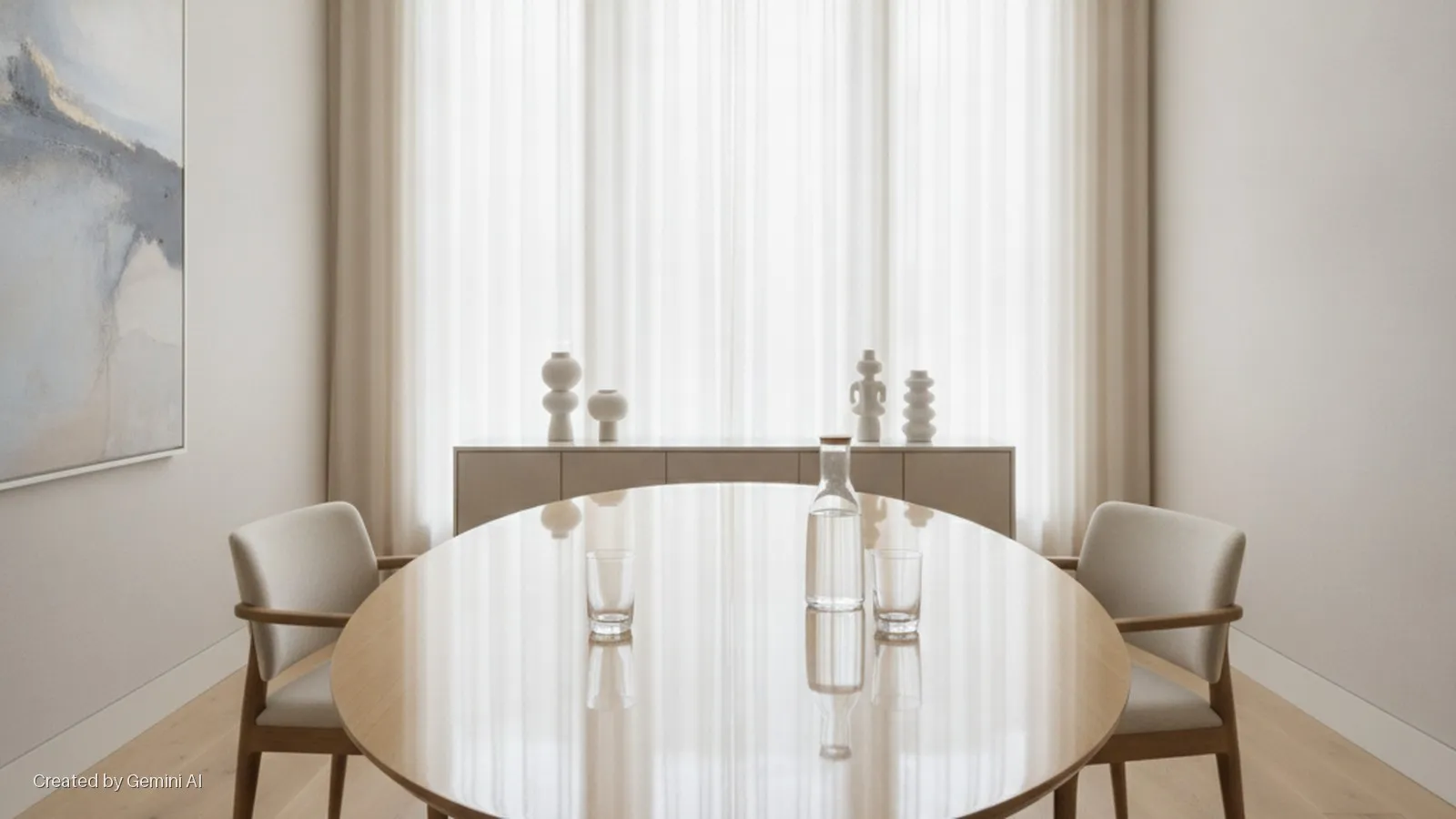 A brightly lit minimalist dining room features a round wooden table with a water bottle and two glasses, two chairs, a sideboard with white sculptural objects, sheer curtains covering a window, and an abstract painting on the left wall.