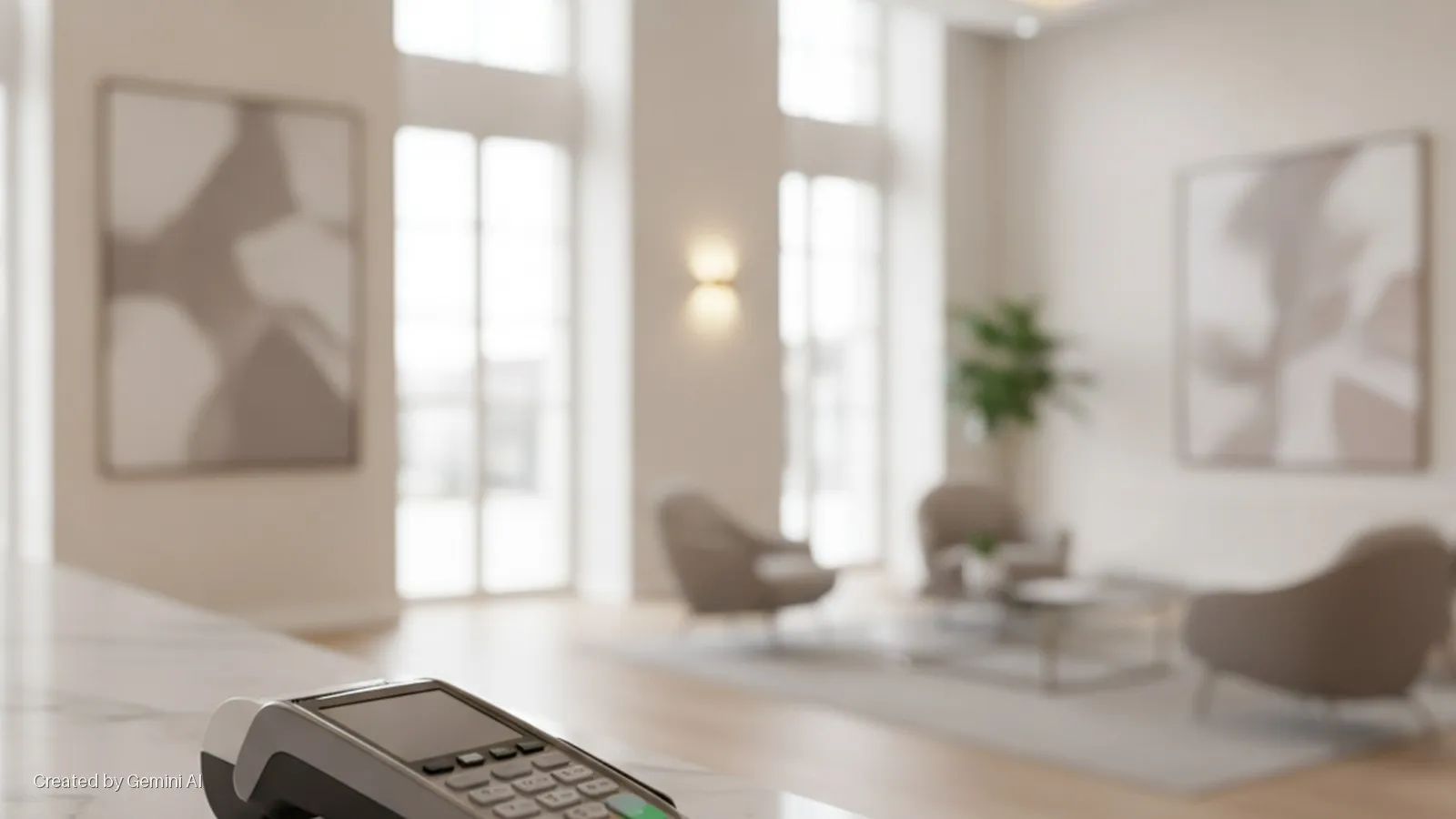 A point-of-sale terminal rests on a counter in the foreground of a brightly daylit modern interior with blurred abstract paintings, armchairs, and a warm glowing wall sconce.