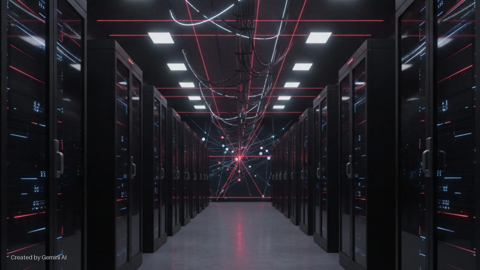 Dark data center aisle flanked by black server racks, with hanging network cables and square overhead lights, illuminated by glowing red and blue lines converging into a central abstract data visualization.