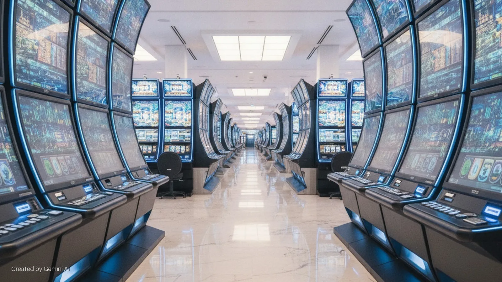 A long casino corridor is lined with curved rows of slot machines featuring glowing blue lights, with chairs in front of them, under bright rectangular ceiling lights.