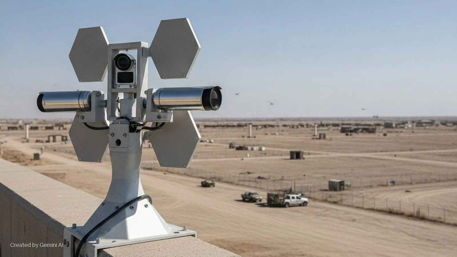 A multi-sensor surveillance system mounted on a concrete wall overlooks a vast, arid landscape with scattered buildings, vehicles, and fences under a clear blue sky and bright daylight.