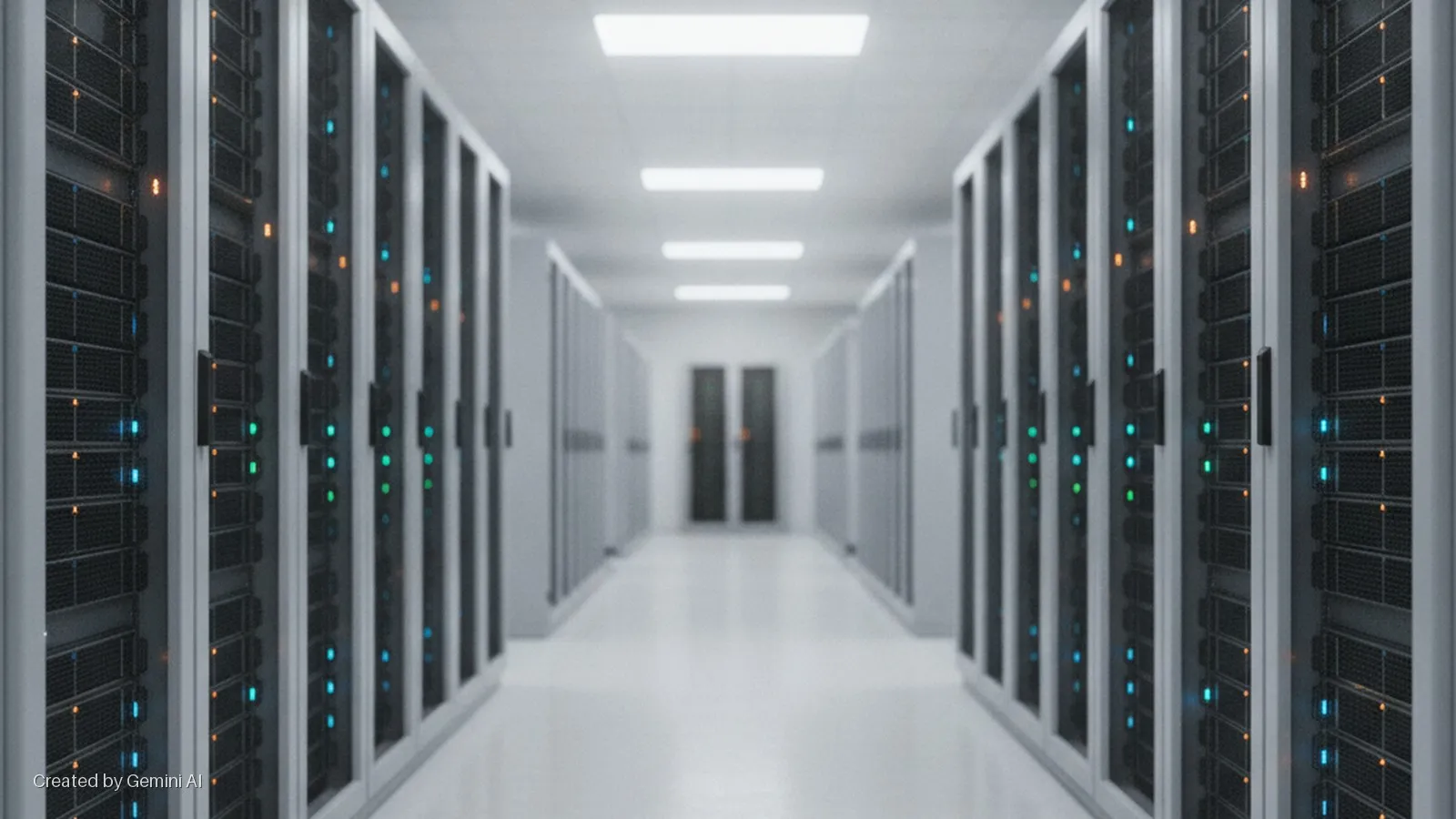 Rows of server racks with blinking blue, green, and orange indicator lights line a brightly illuminated data center hallway, leading to two closed doors in the distance.