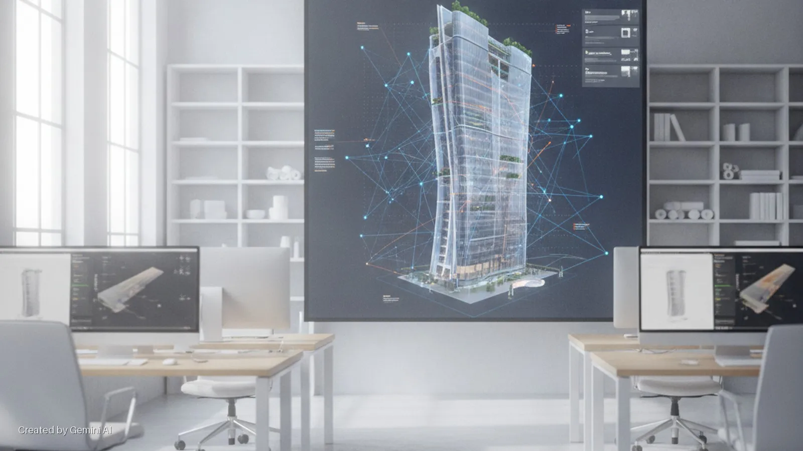 A bright design studio features multiple computer workstations, white shelving units, and a prominent large screen displaying an architectural model of a skyscraper with integrated data, illuminated by natural light from large windows.
