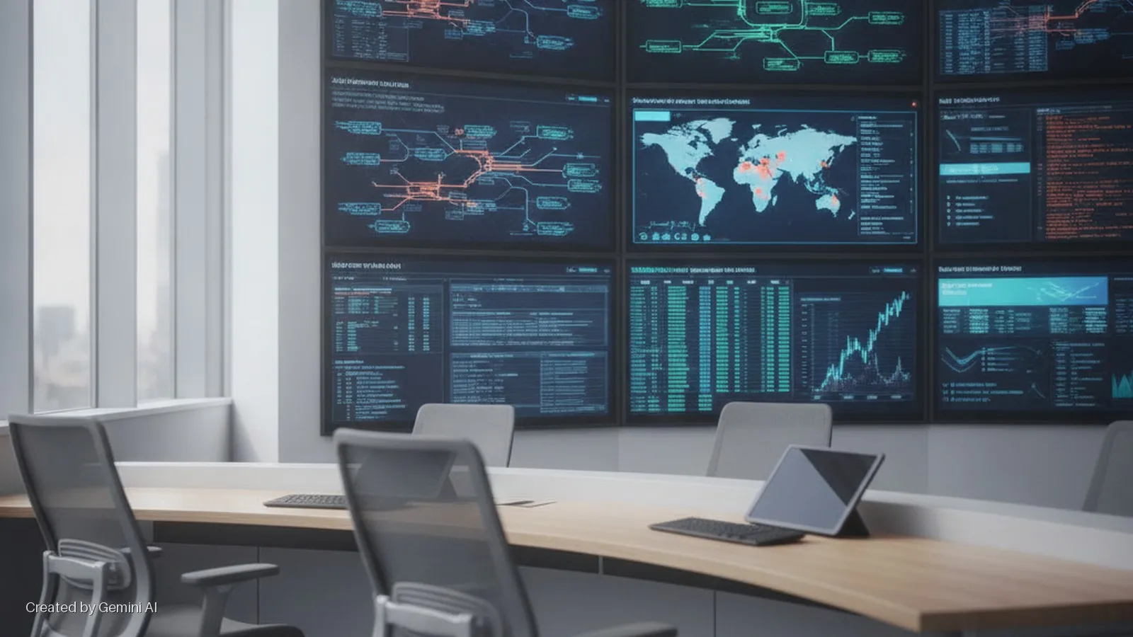 A modern control room features a curved wooden table with office chairs and a tablet, facing a wall of twelve digital screens displaying data, network diagrams, and a world map, illuminated by natural light from a large window.