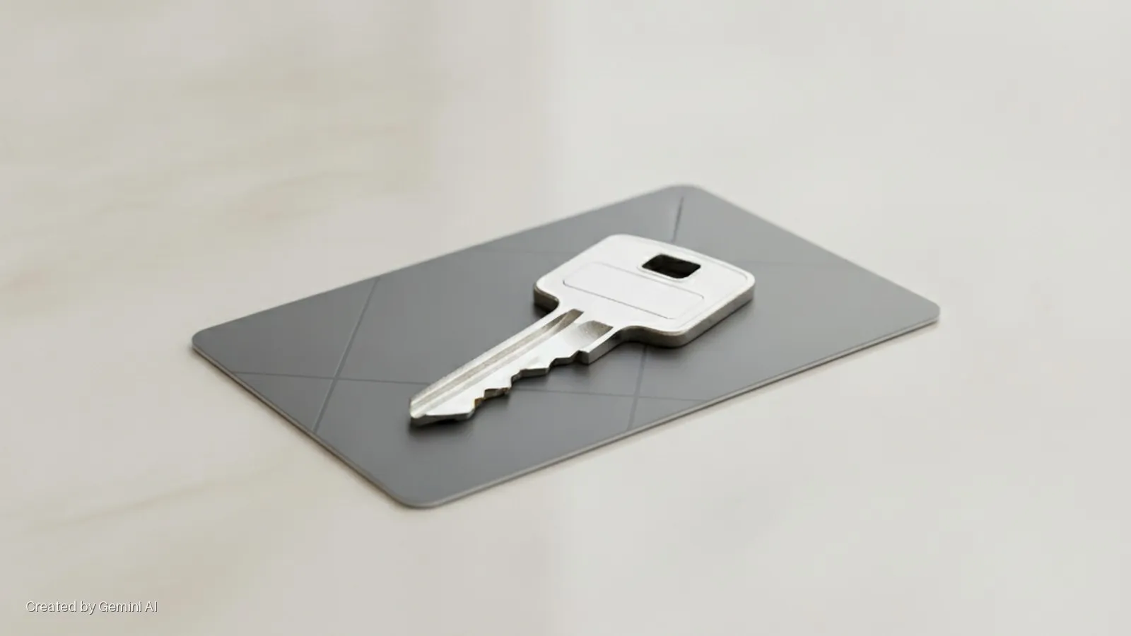 A silver key rests on a grey card on a light-colored surface under bright, diffused lighting.