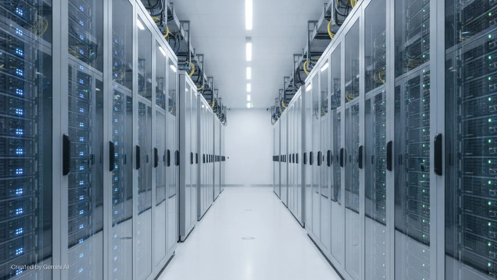 A brightly lit data center aisle with two rows of server cabinets displaying blue and green indicator lights, and yellow data cables on overhead trays.