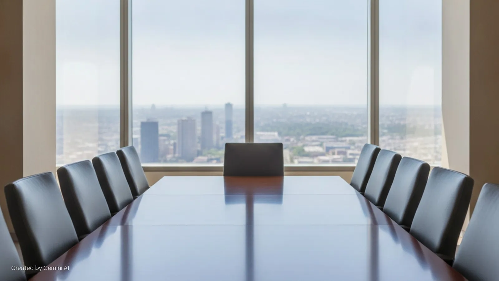 A long, reflective wooden conference table with rows of black chairs extends towards large windows offering a bright daytime view of a city skyline.