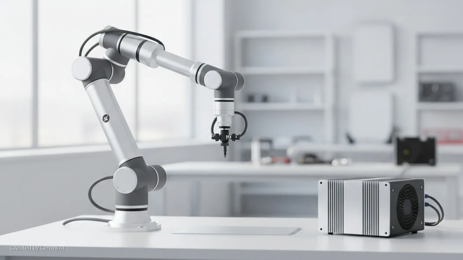 A bright, modern laboratory features a silver and grey robotic arm positioned over a flat white rectangle on a white table, next to a silver and black control unit with a fan, with white shelves and a window blurred in the background.
