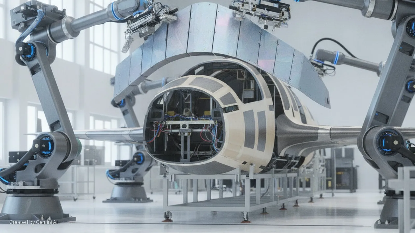 Robotic arms assemble a partially exposed aircraft fuselage, revealing internal wiring and being fitted with metal panels, within a brightly lit factory.