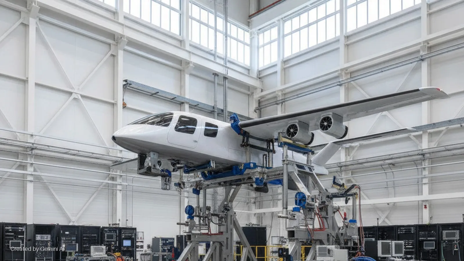 White prototype aircraft with two ducted fan engines suspended on a blue and silver testing rig inside a brightly lit industrial hangar, featuring large windows and surrounding racks of electronic equipment.