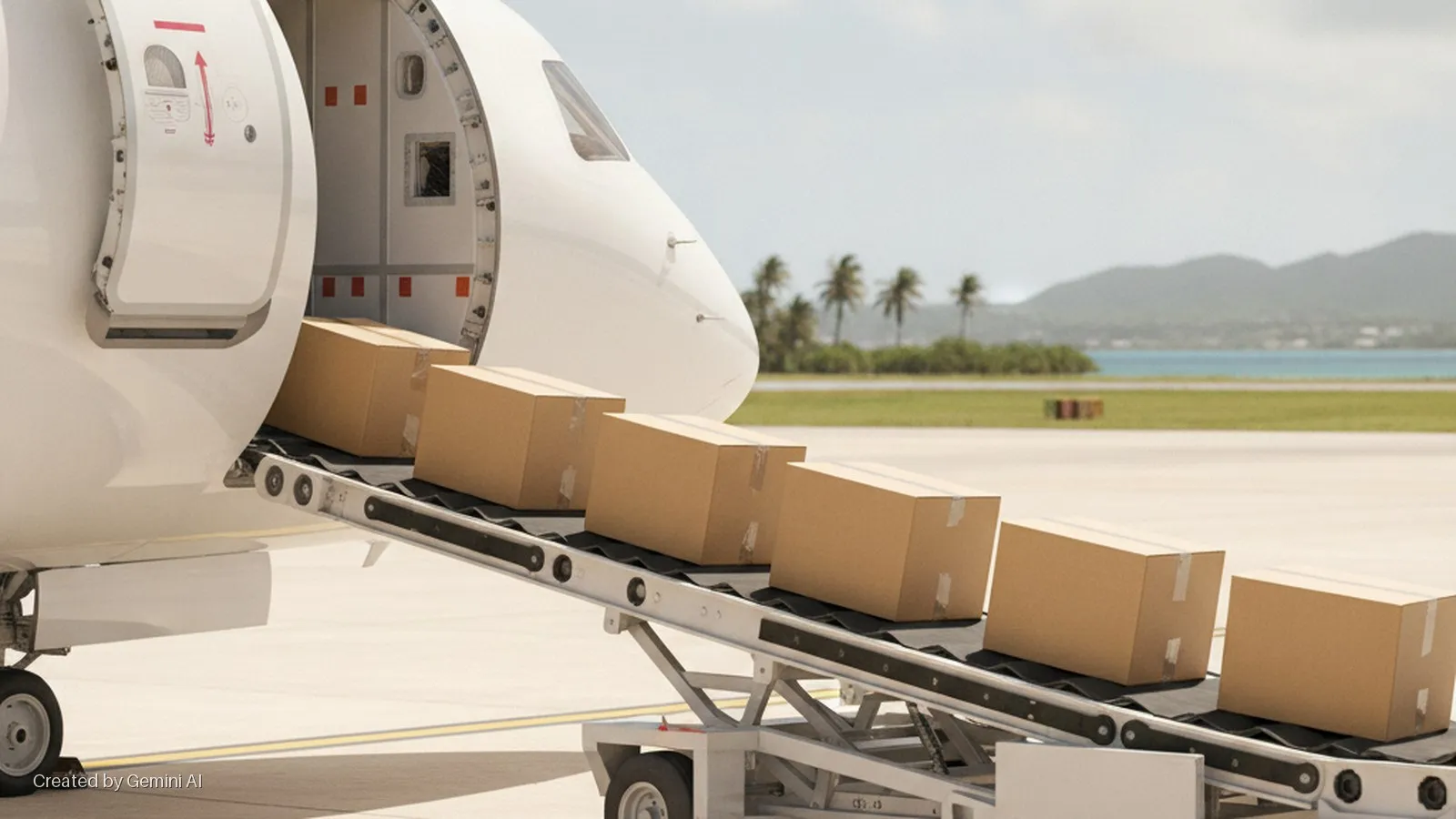 Brown boxes are loaded onto a conveyor belt into the open cargo bay of a white airplane on an airport tarmac under bright daylight, with tropical palm trees and distant mountains visible over water in the background.