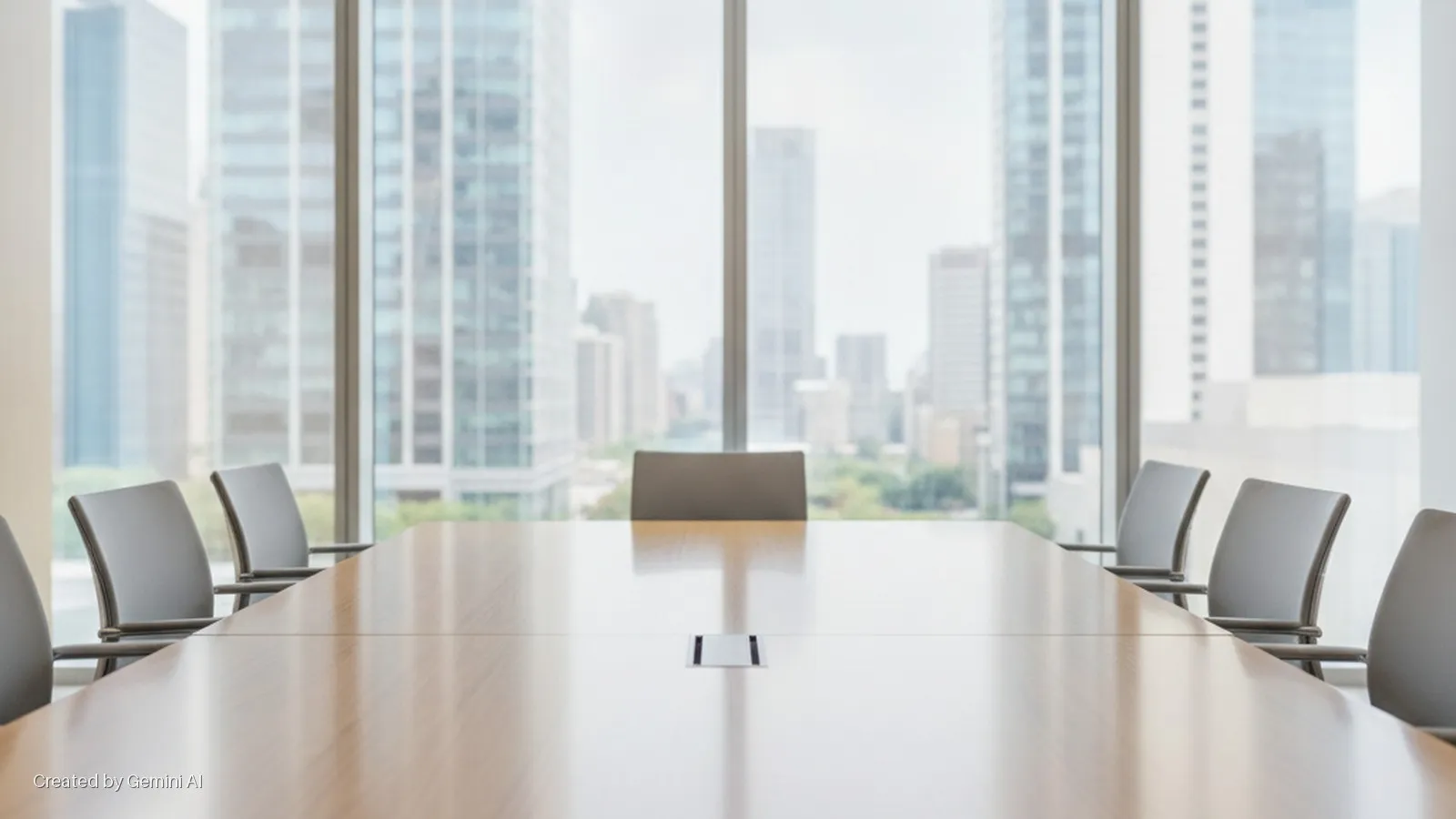 Brightly lit modern conference room with a long wooden table and grey chairs, offering a view of a city skyline through large windows.