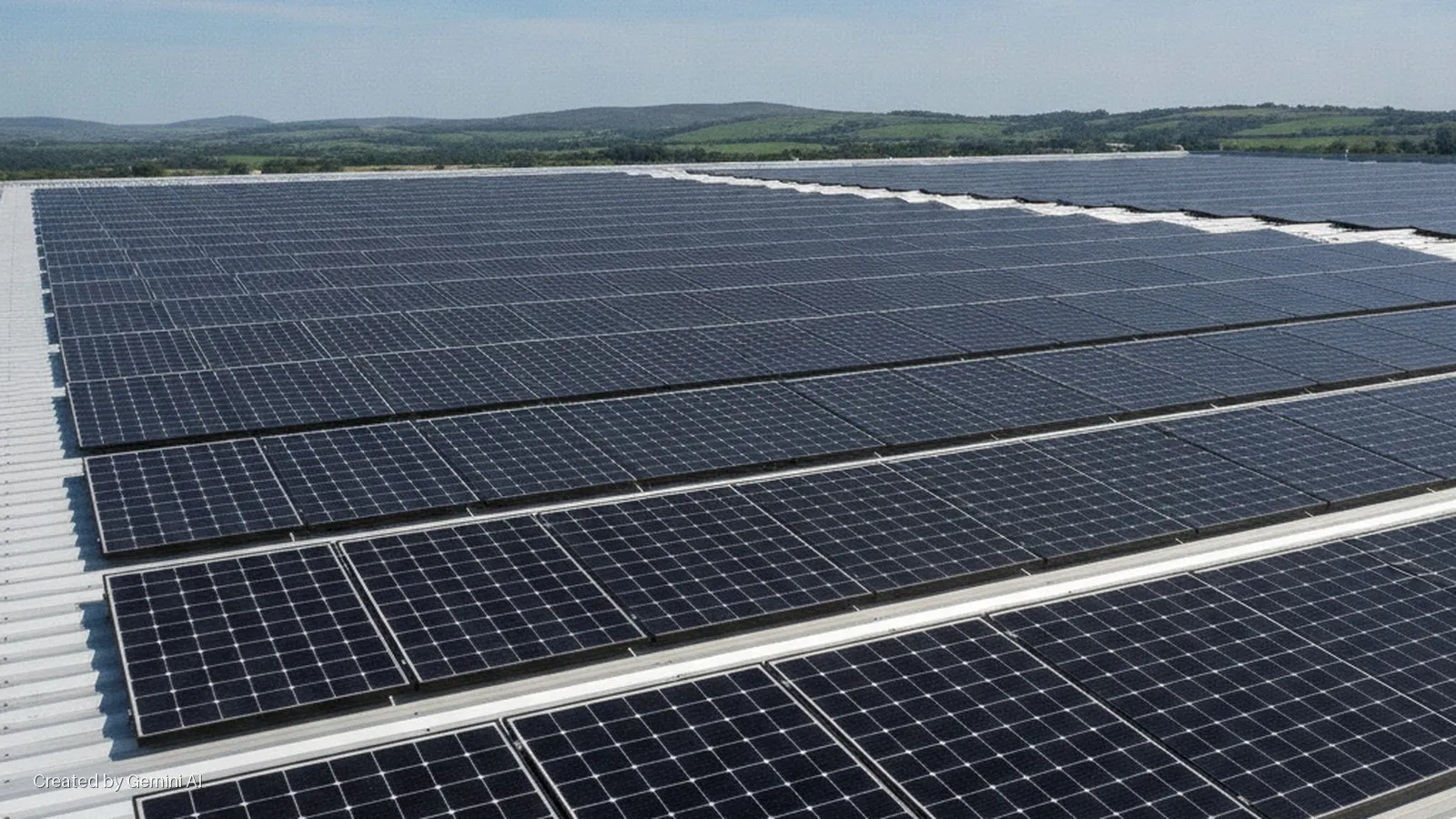 Large rows of dark solar panels cover a wide metallic roof, with rolling green hills in the distance under a bright blue sky.