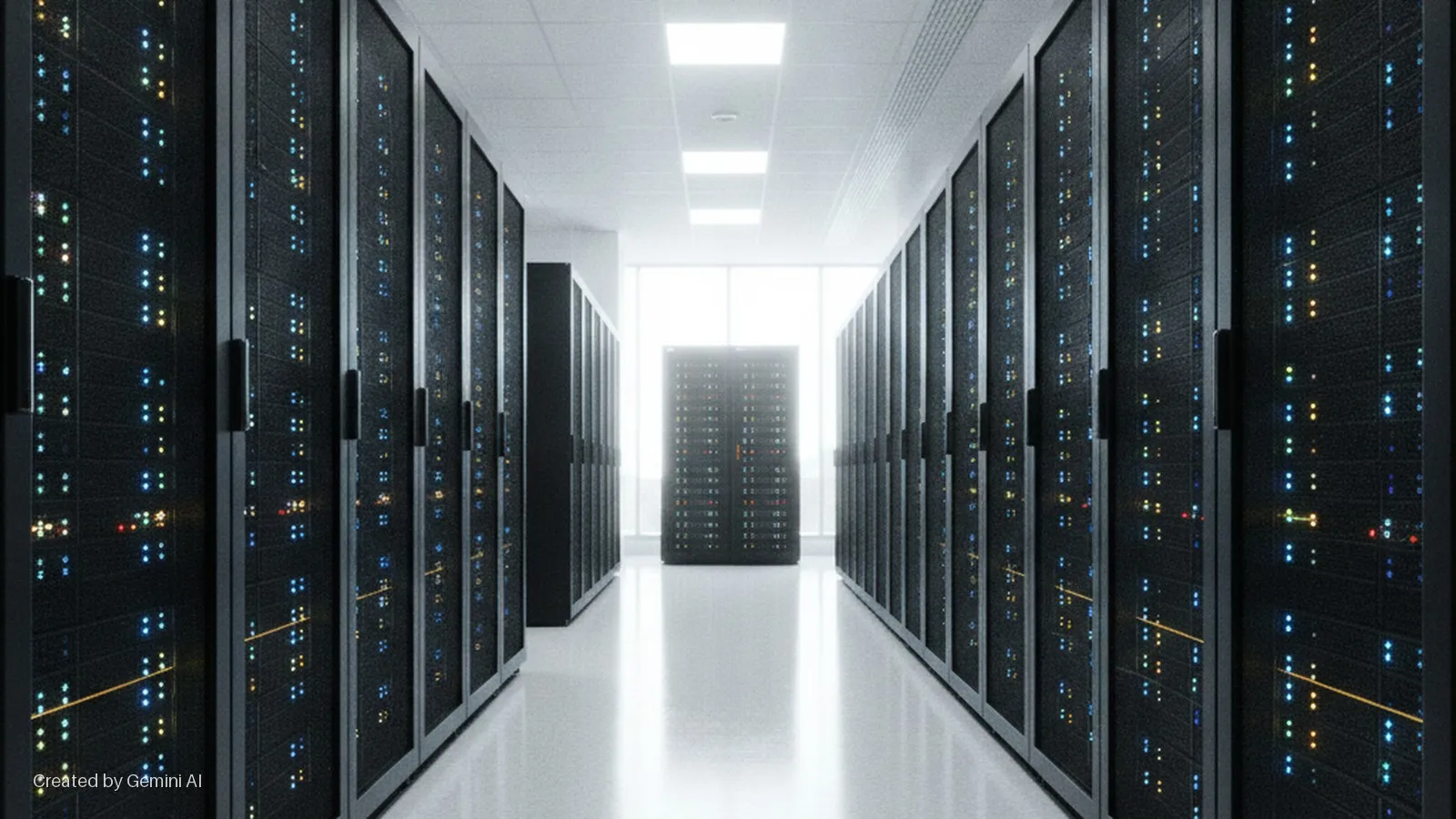 A brightly lit data center aisle features rows of black server racks with colorful glowing indicator lights, converging towards a single server rack at the far end.