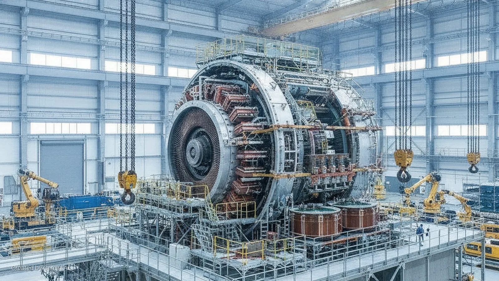 A brightly lit, spacious industrial facility features a massive, partially assembled generator surrounded by scaffolding, multiple overhead cranes, yellow robotic equipment, and two workers on an elevated platform.