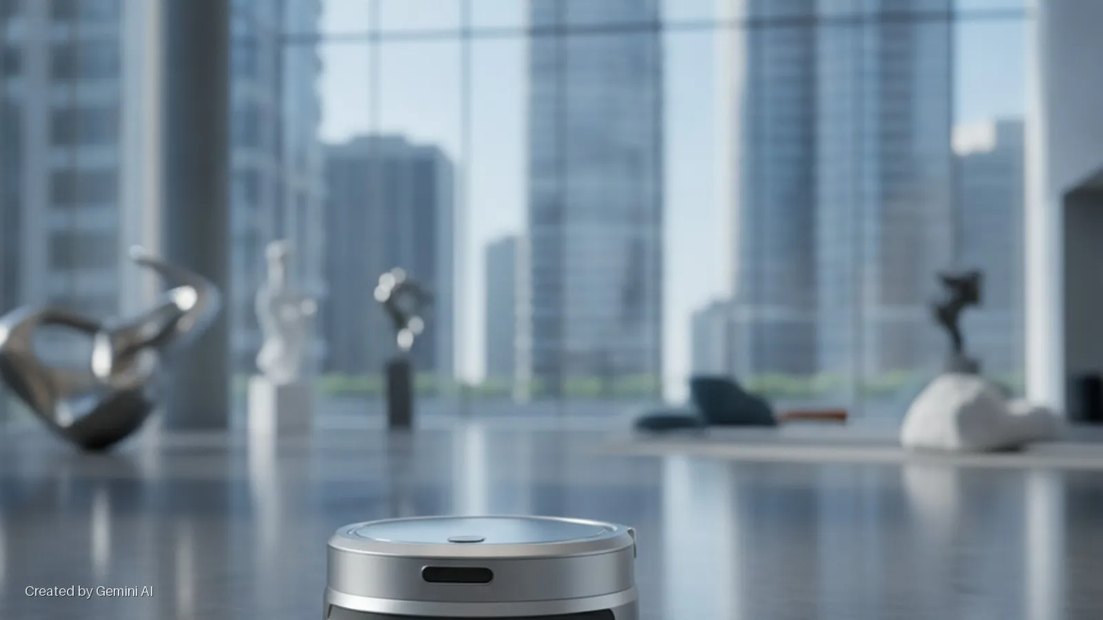 A silver robot vacuum rests on a reflective floor in a bright, modern room with large windows revealing a city skyline, surrounded by various abstract and classical sculptures.
