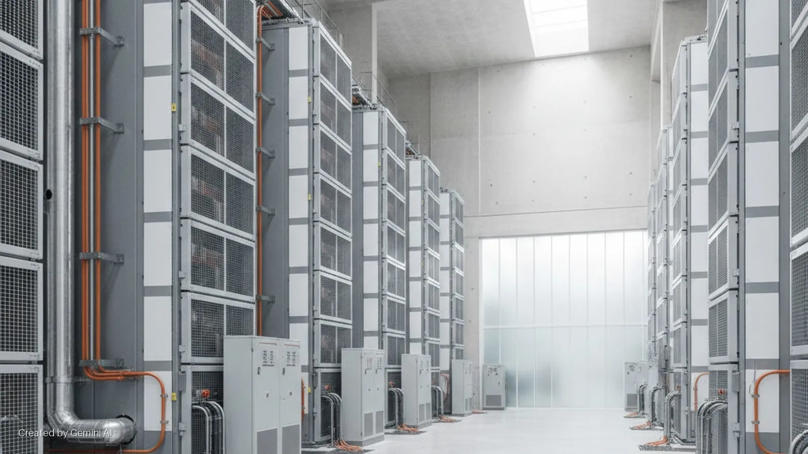 Rows of modular industrial equipment with exposed orange and silver piping and control units extend down a brightly lit concrete facility featuring a frosted glass end wall and overhead skylights.