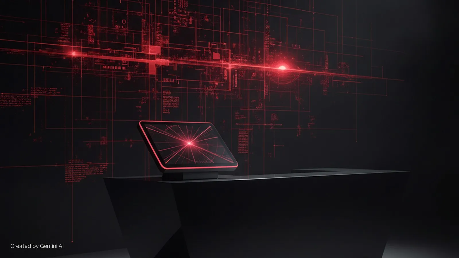 A dark, futuristic digital space features a black counter with a red-glowing touch screen display, set against a background of intricate red lines and bright digital nodes.