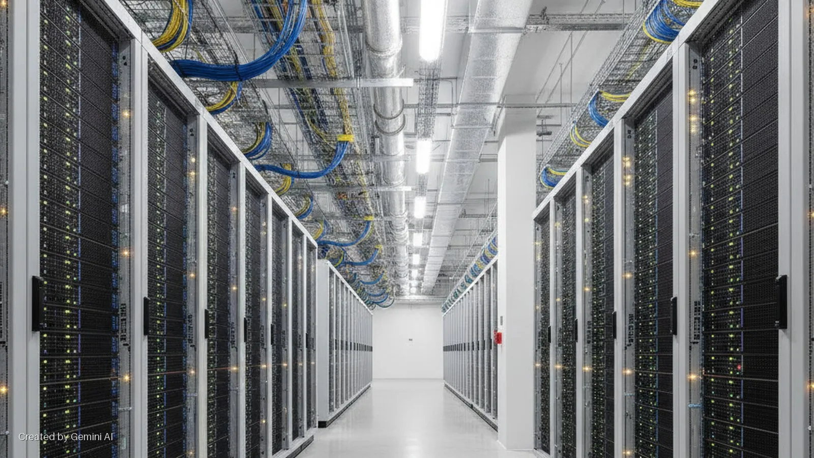 A brightly lit, long aisle in a data center is lined with rows of server racks displaying numerous small green and yellow indicator lights, under a ceiling filled with exposed blue and yellow cables, metal ducts, and fluorescent lighting.