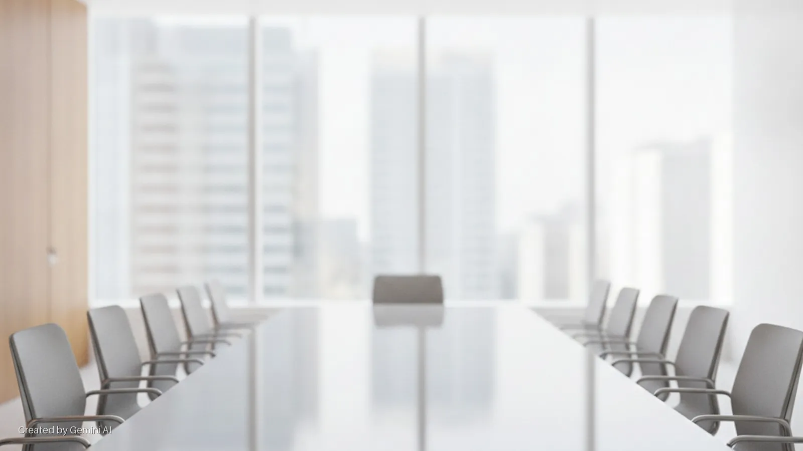 A brightly lit conference room features a long, reflective table lined with grey office chairs, with a view of blurred city buildings through large windows.