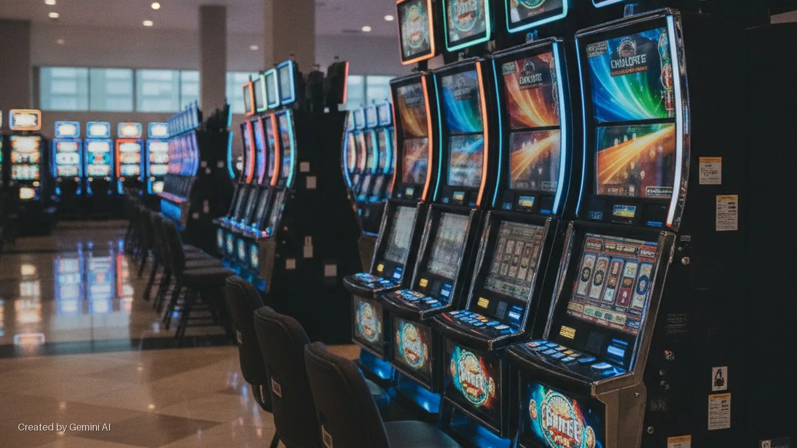 Rows of slot machines with glowing screens and empty chairs fill a dimly lit casino floor.