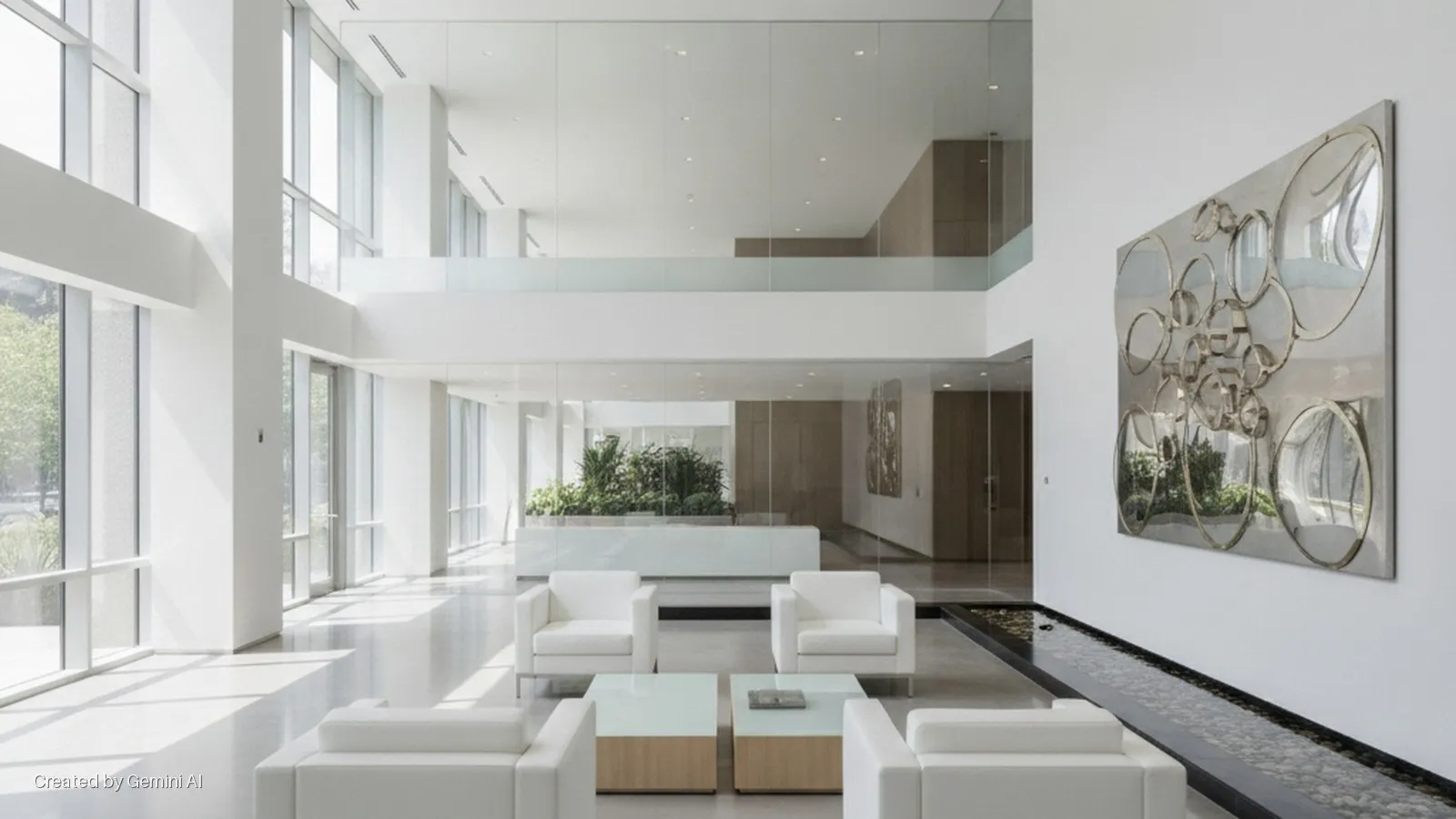 A bright, modern multi-level lobby features white modular seating, glass coffee tables, a reflective circular wall sculpture, and a long indoor water feature, all illuminated by natural light from large windows.