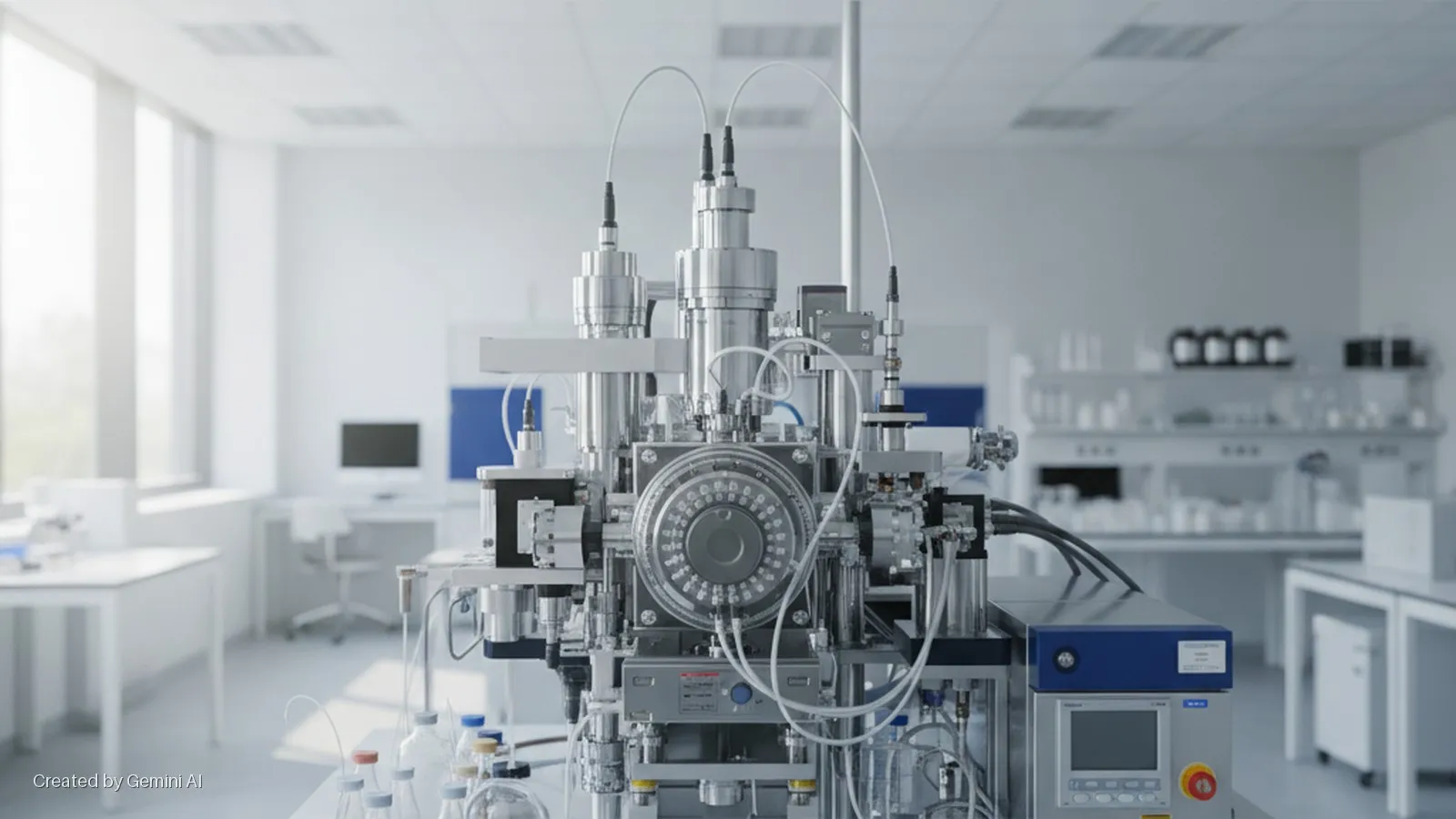 A complex, shiny metallic laboratory machine with numerous components, tubes, vials, and a control panel stands in a brightly lit, modern laboratory featuring large windows and white lab tables.